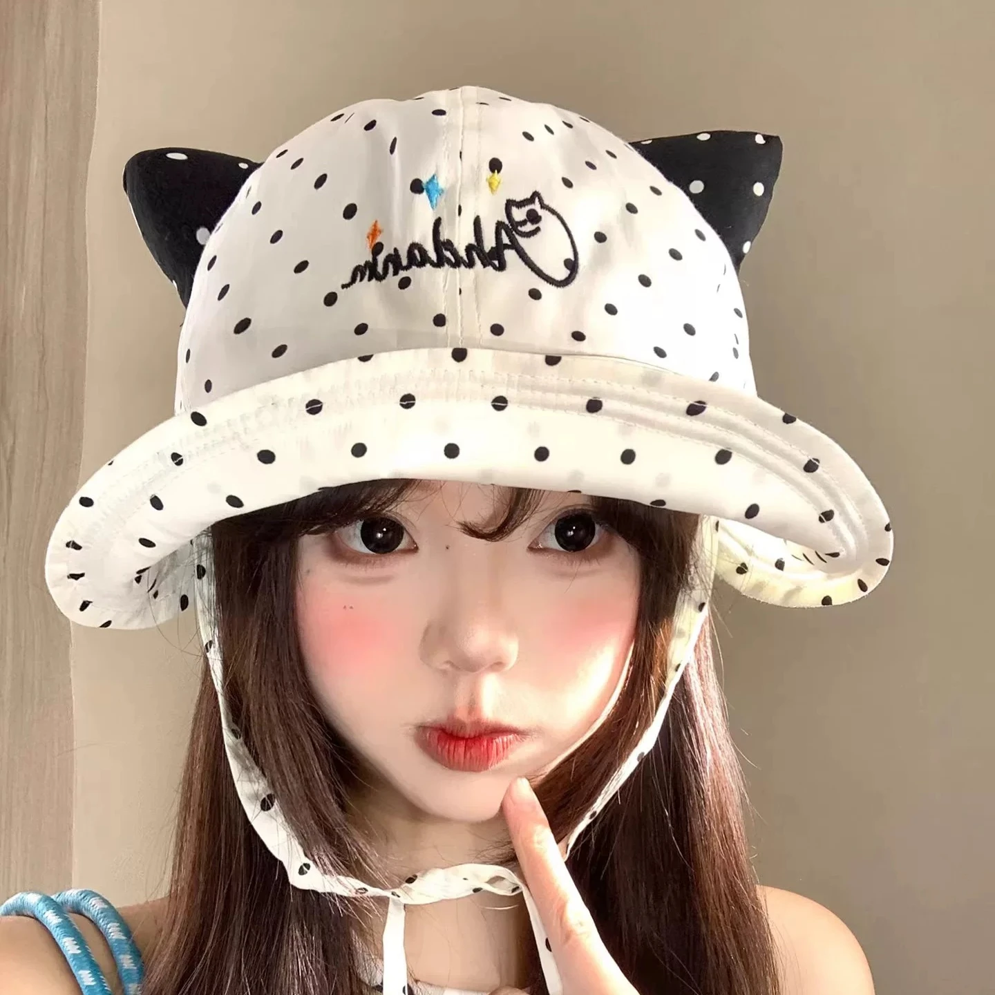 Sun hat women's spring and summer sweet polka dot cat ear bucket hat sunscreen thin breathable fashion versatile hat