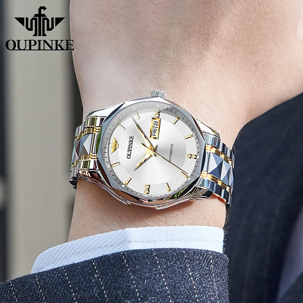OUPINKE Men's Watches 3295 Luxury Business Original Automatic Mechanical Watch for Man Tungsten Steel Sapphire Mirror Date Week