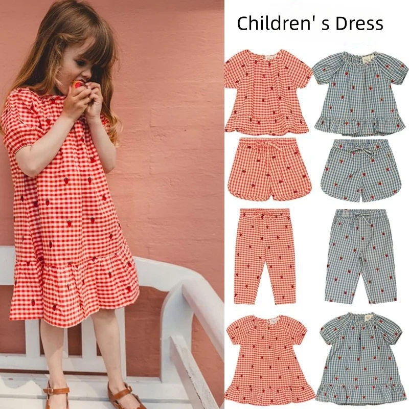 

2025 New Korean Kids Clothes Girl Plaid Cotton Short- Sleeve Summer Shirts Short & Pants For Baby Girl Princess Party Dress