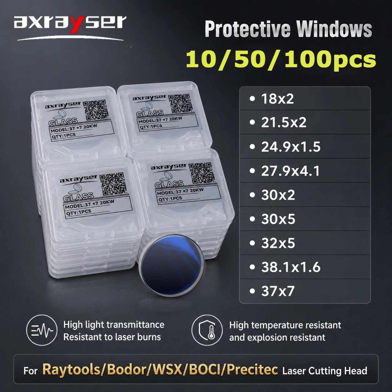 

10/50/100pcs Fiber Laser Protective Lens Optical Lens 21.5x2 27.9x4.1 30x5 37x7 for Bodor Raytools BOCHU Cutting Head Machine