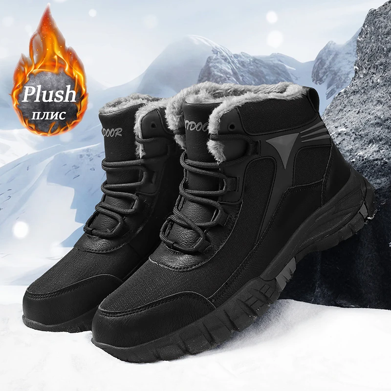 Mens Climbing Boots Upper Waterproof Leather Shoes Man Trekking Warm Snow Boot Winter Plush High Quality Non-Slip Sneakers 39-47