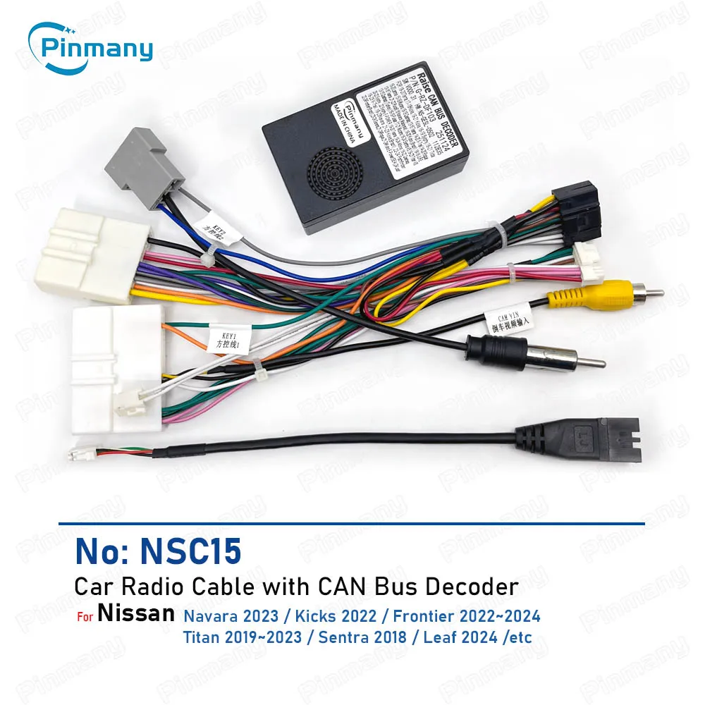 Cabo de rádio automotivo NSC15 com adaptador de fiação e decodificador CAN Bus para Nissan Navara, Kicks, Frontier, Titan, Sentra e Leaf.