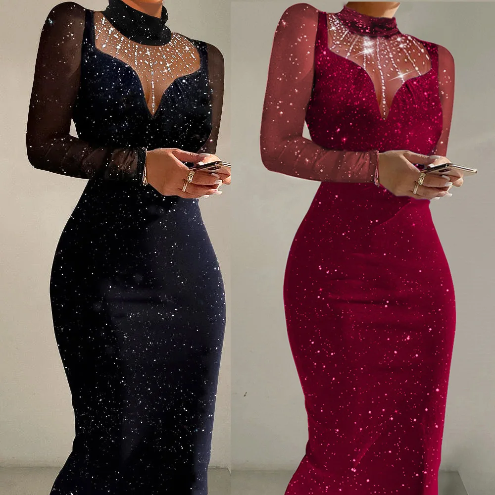 STUNROBES Sexy Sequin Formal Evening Dresses For Women 2024 Autumn High Waisted Slim Long Dress Ruched Elegant Party Prom Dress