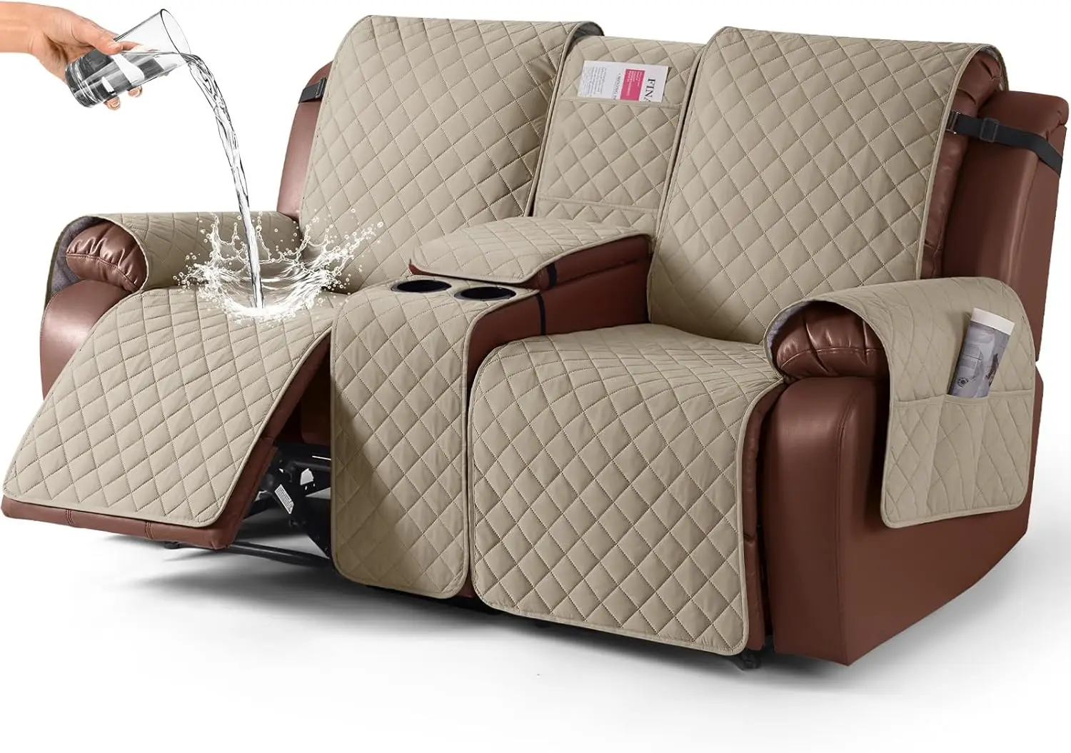 Waterproof Recliner Loveseat Cover with Console, Non-Slip Couch Protector for 2 Seats, Elastic Straps, Khaki