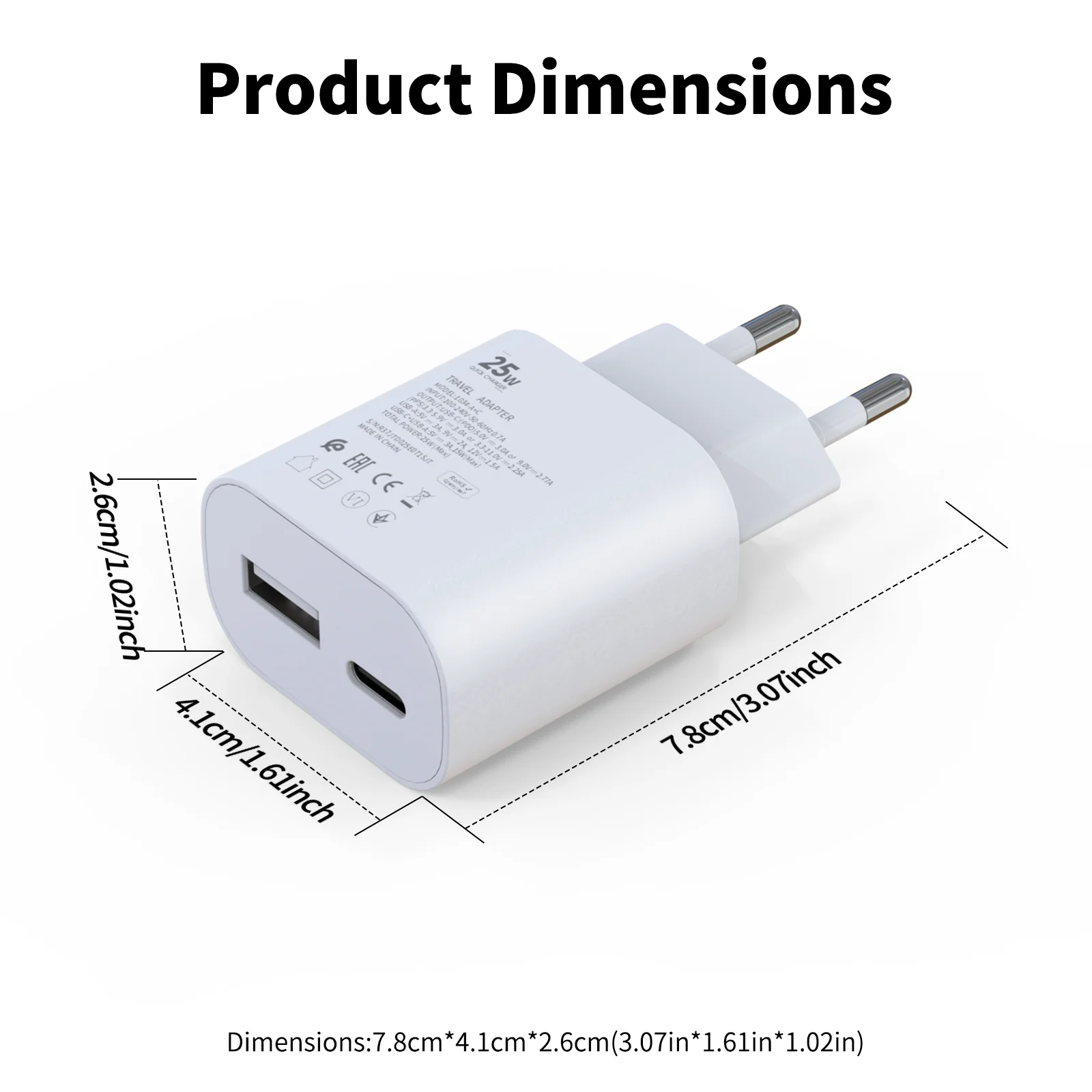 PD25W EU Dual Port USB C & USB A Wall Charger ,QC3.0 Fast Charger Adapter for iPhone Samsung Huawei Xiaomi iPad AirPods