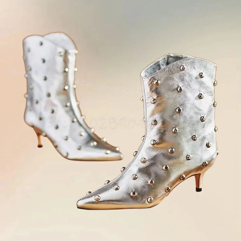 

Silver Rivets Decor Glitter Pointed Toe Boots Slip On Women Shoes Thin High Heels Fashion Party Banquet 2025 Zapatos Para Mujere