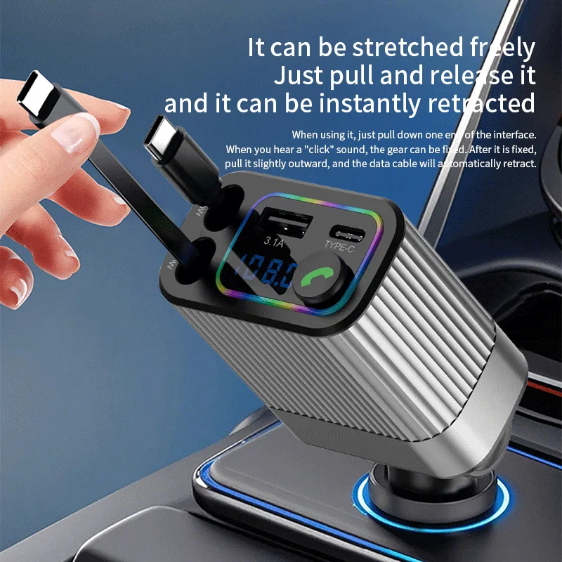 70W High-Power Car Bluetooth Fm Transmitter Q9B Car Mp3 Player with Built-In Retractable 800mm Type-C Cable Pd20W Fast Charging Car Cigarette Lighter Hands-Free Phone Car Charger