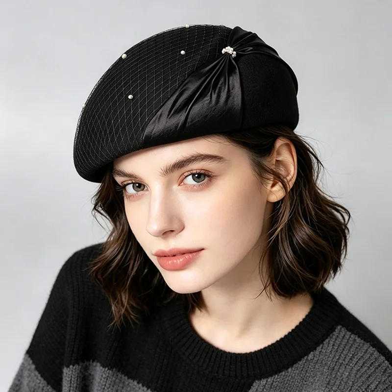 Hepburn Style Noblewoman Silk Cotton Butterfly Knot Beret Elegant Australian Wool Felt Hat Fashion Pearl Pendant Cocktail Hat