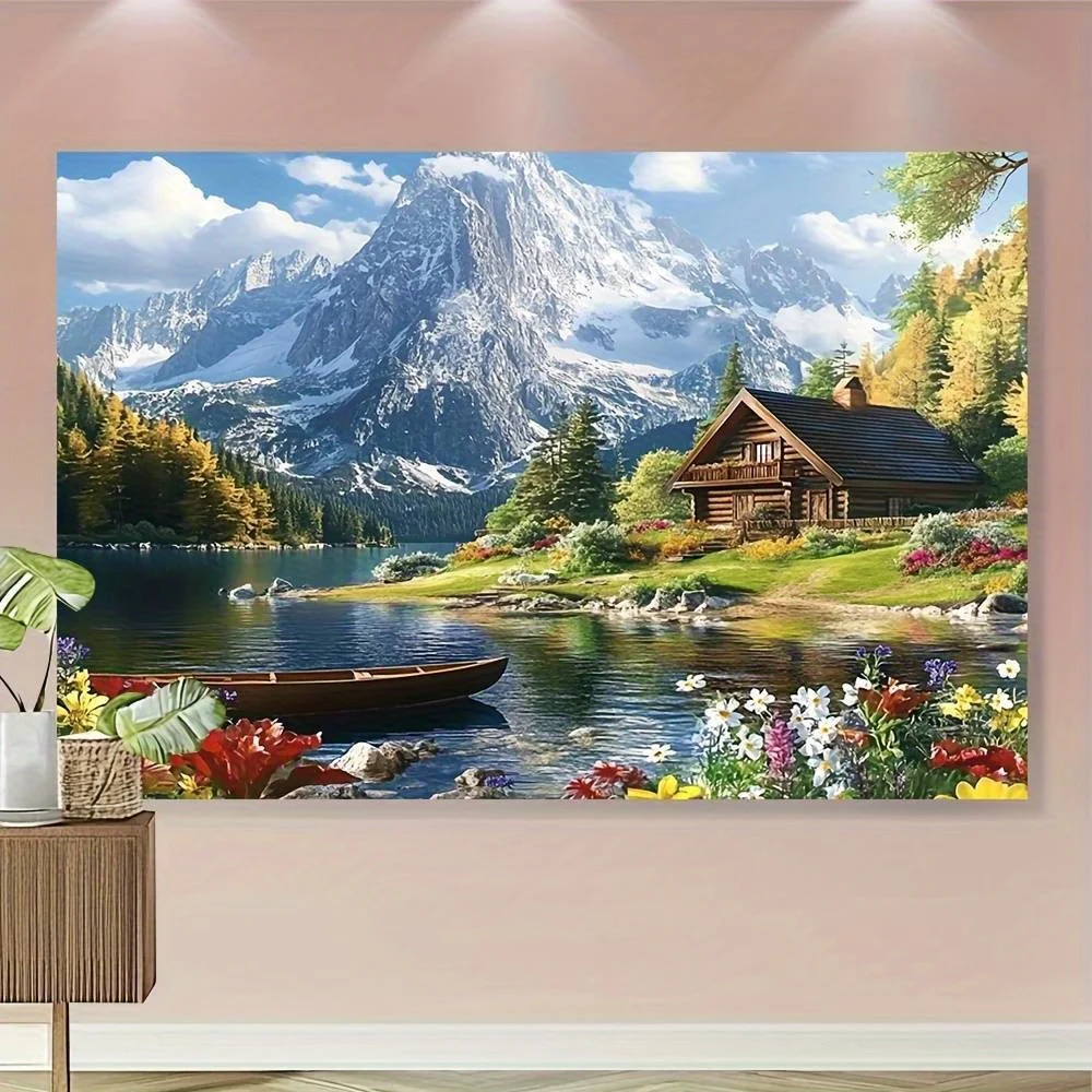 Large Decorative Mountain Landscape Tapestry Wall Hanging Rustic Alpine Cabin View Nature Scene Fabric Art for Living Room Bedro