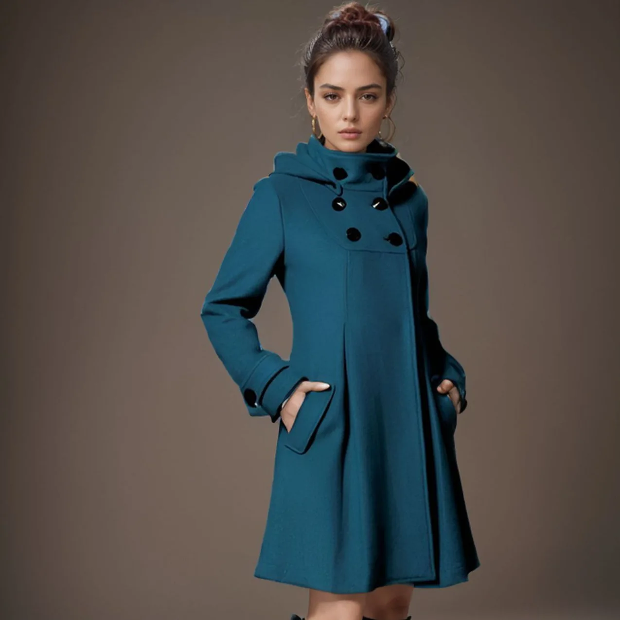 Long Sleeve Women's Woolen Coat with Hood and Double Breasted Buttons