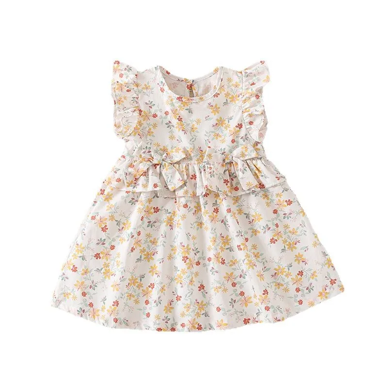 

Summer Spanish Style Girls Floral Print Dress Bow Knot Flutter Sleeve Cute Princess Dress Soft Cotton Casual Party Wear for Kids