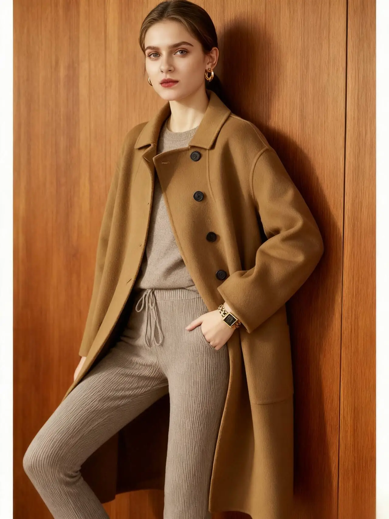 

Wool Blend Coats Womens Woolen Coat Red Fall Velvet Stand-Up Collar Double-Breasted Elegant Mature French Style Office Lady Chic