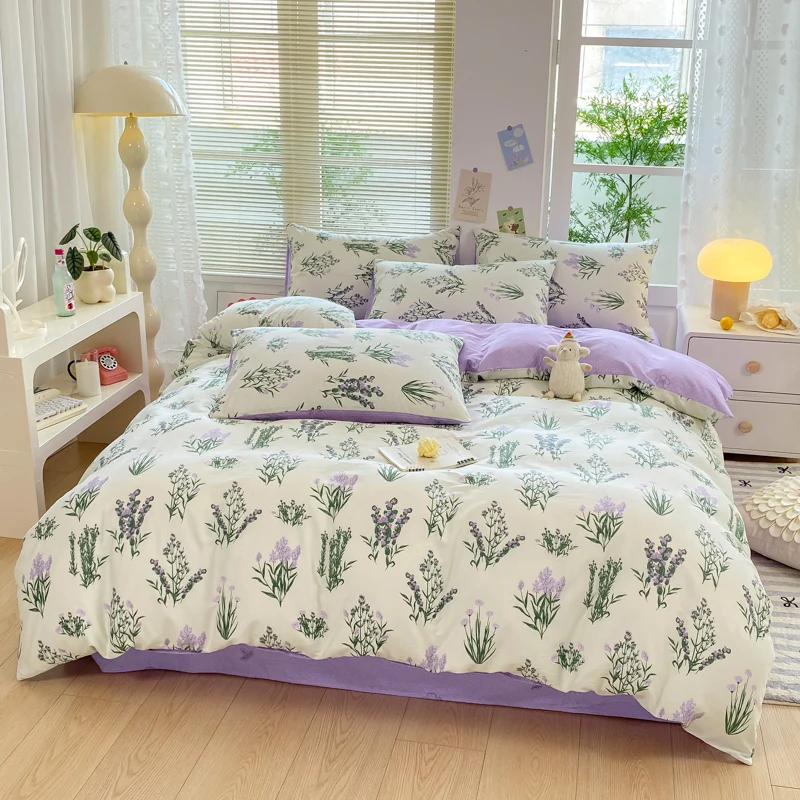 100% Cotton 3pcs Lavender Floral Duvet Cover Sets Flowers & Branches Pattern Botanical Comforter Covers for Girl Women Bedding