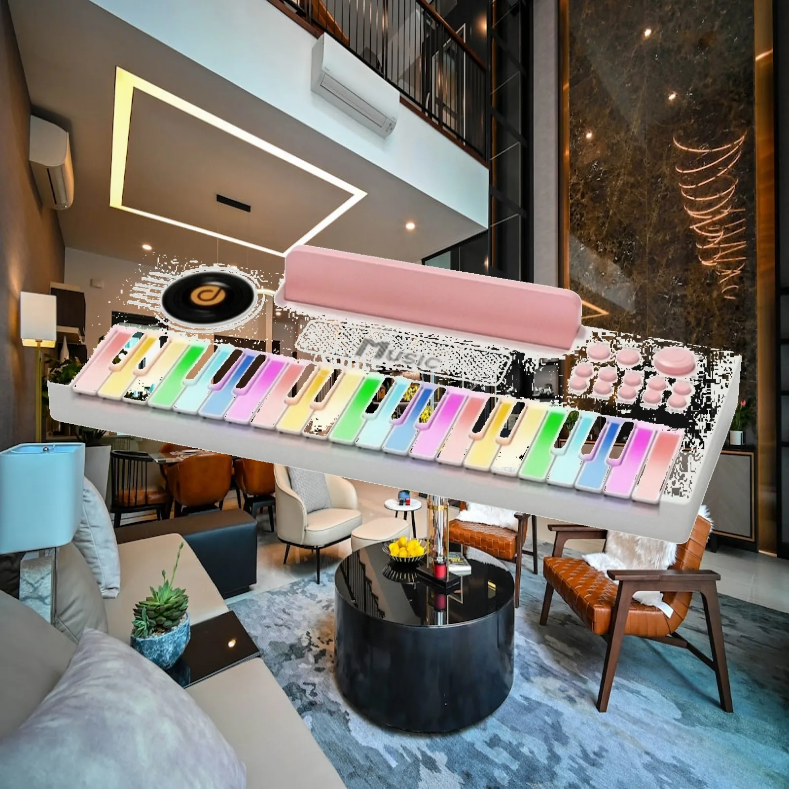 Childrens Musical Piano Keyboard with Drum Pad Light Up Keys for Toddlers Beginners Music Play