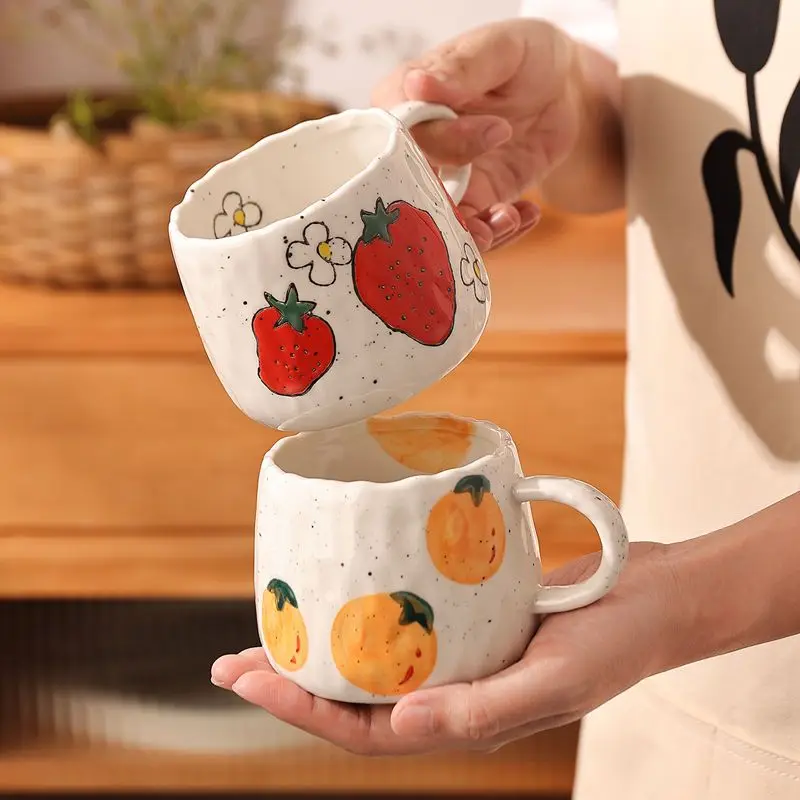 Cartoon Fruit Pattern Ceramic Mug Tea Coffee Cup Juice Breakfast Cup Home Office Handheld Milk Juice Cup Home Accessories