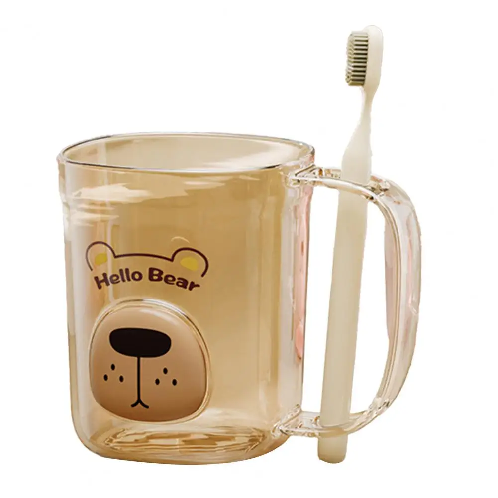 Modern Mouthwash Cup Non-Slip Handle Smooth Round Mouth Transparent Body Rabbit Bear Design Bathroom Cup with Toothbrush Slot