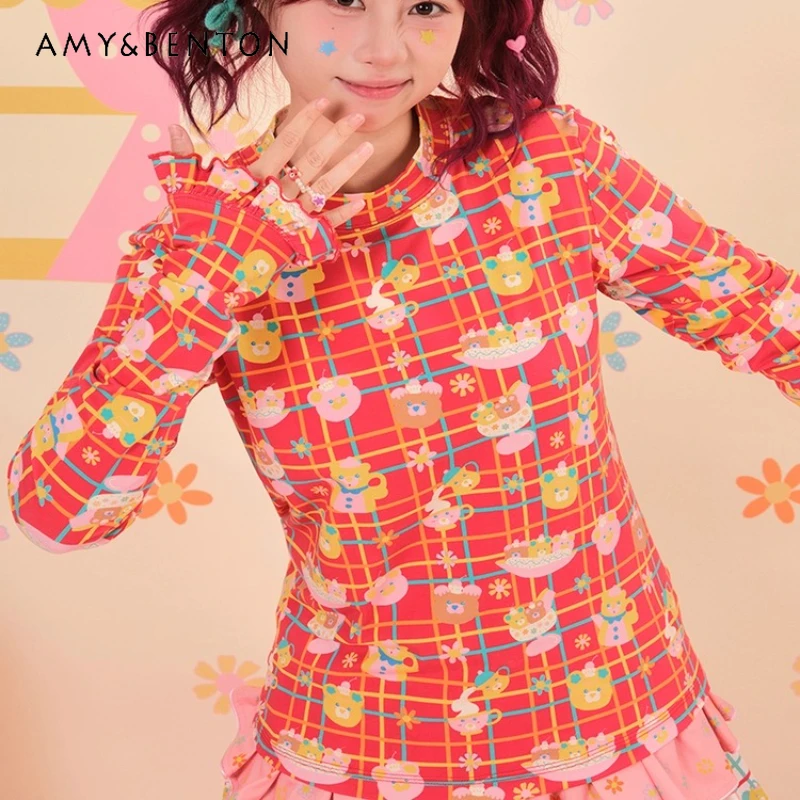 

Autumn Winter New Floral Stretch Knit Women's Bottoming Shirt Japanese Design Cute Versatile Slimming Long Sleeve T-Shirt Ladies