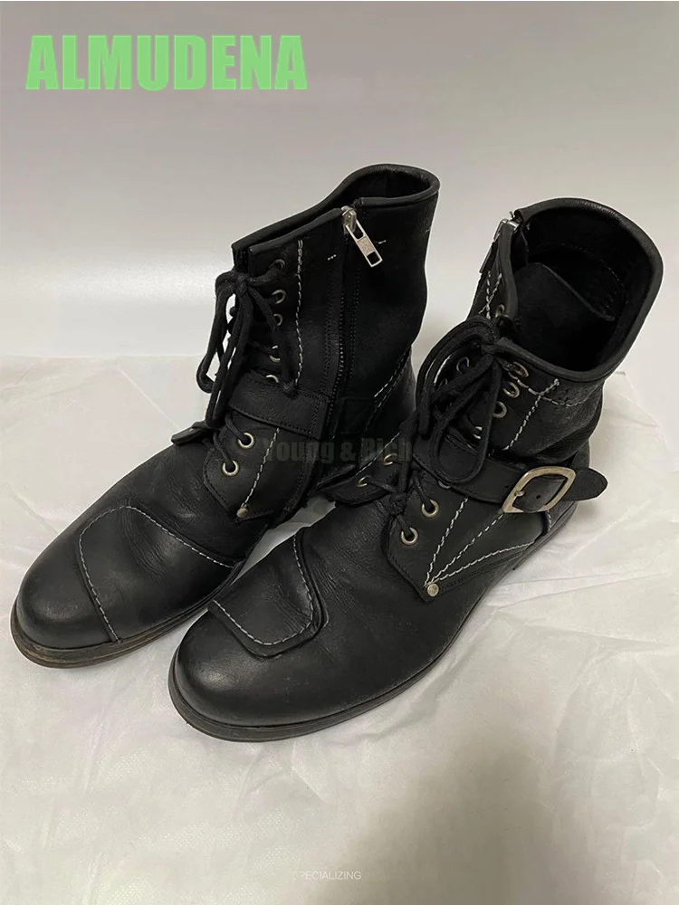 

Strap Side Zipper Short Boots Retro Belt Buckle Decoration Color Blocking Splicing Height Increasing Lace Up Trendy Men's Boots