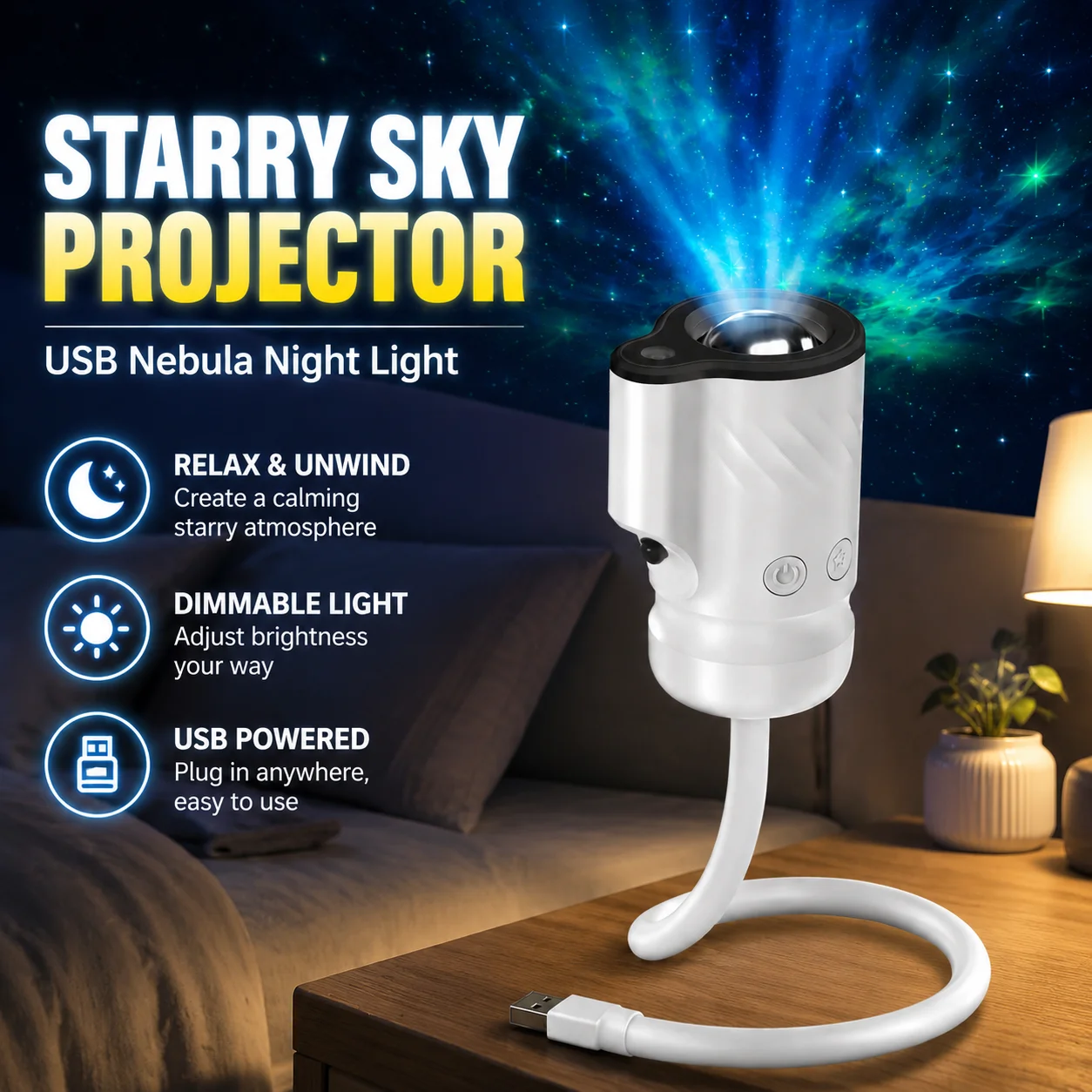 USB Starry Sky Projector Night Light, Galaxy Nebula Atmosphere Lamp for Bedroom Car, USB Rechargeable Dimmable