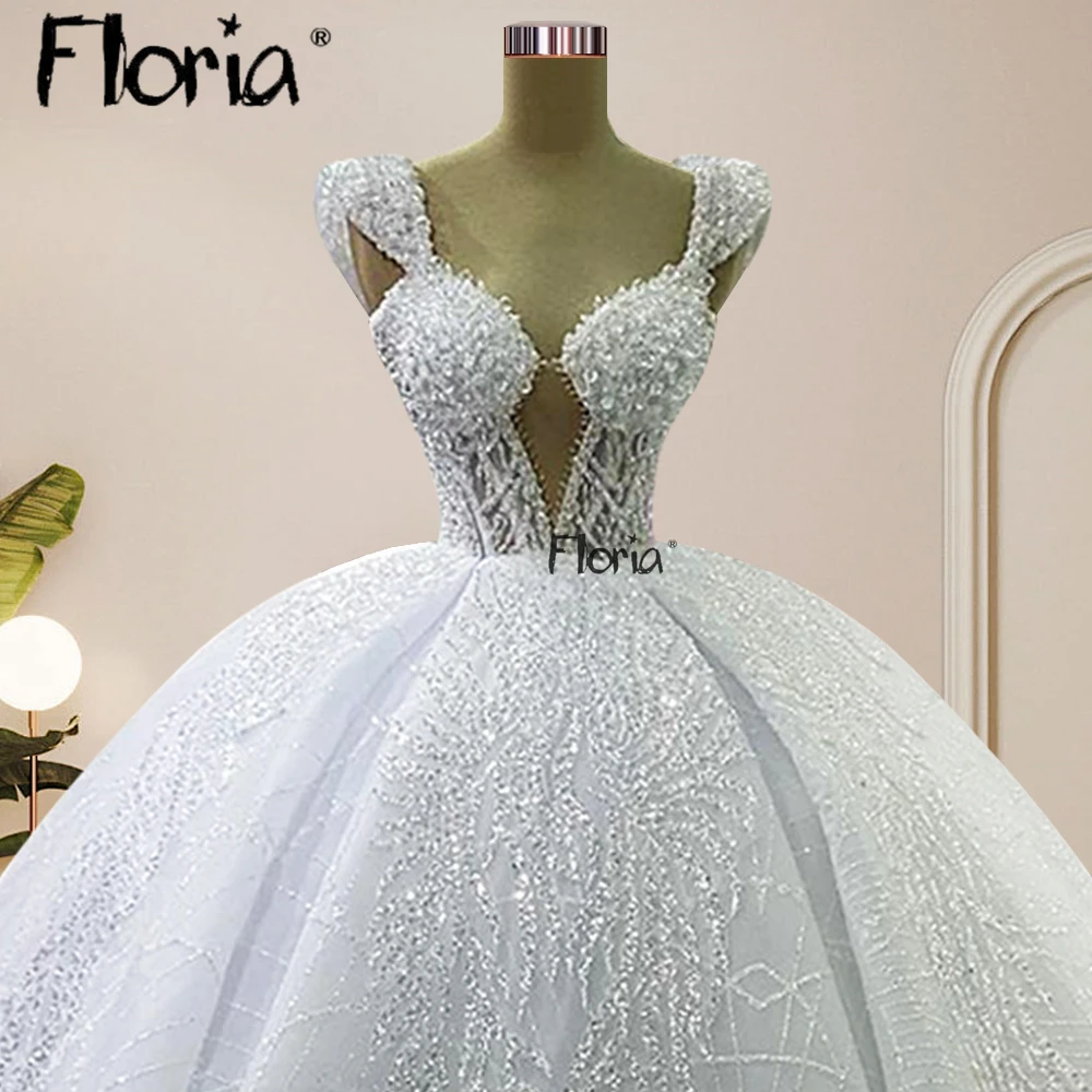 Floria Custom Made Wedding Dress White Beautiful Bride Gowns Sparkly Sparkle Wedding Dresses Beading Bridal Gowns Dubai 2024