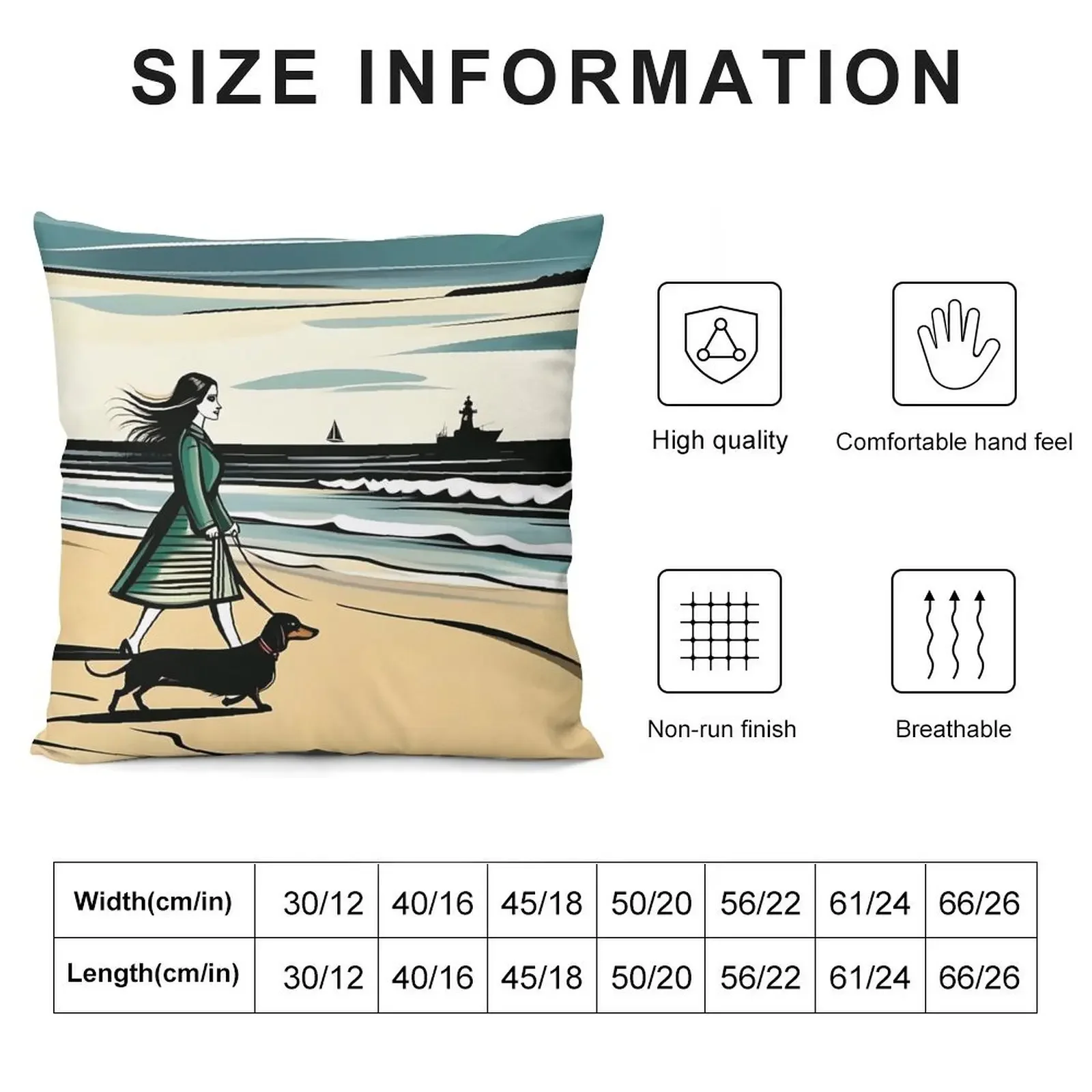 A girl walking on the seashore with a dachshund dog. Throw Pillow Pillow Cases Custom Cushion Photo Cushions For Sofa pillow