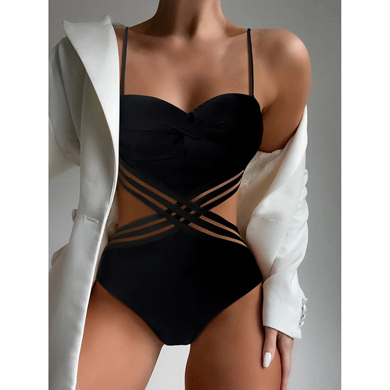 

2026 new women's swimsuit summer beach clothing push-pull one-piece swimsuit sexy bikini solid color swimsuit