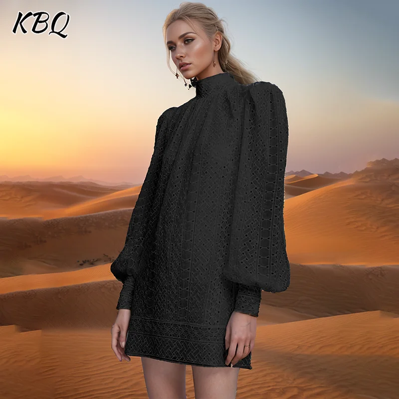 

KBQ Solid Hollow Out Elegant Dresses For Women Stand Collar Lantern Sleeve Embroidery Temperament Mini Dress Female Fashion New