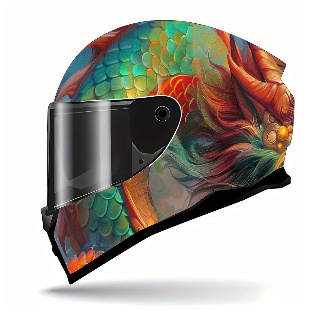 Dragão barbudo dourado em escala verde subindo alegre nos nuvens impressão adesivo envoltório de capacete completo capacete de motocicleta corrida graphi