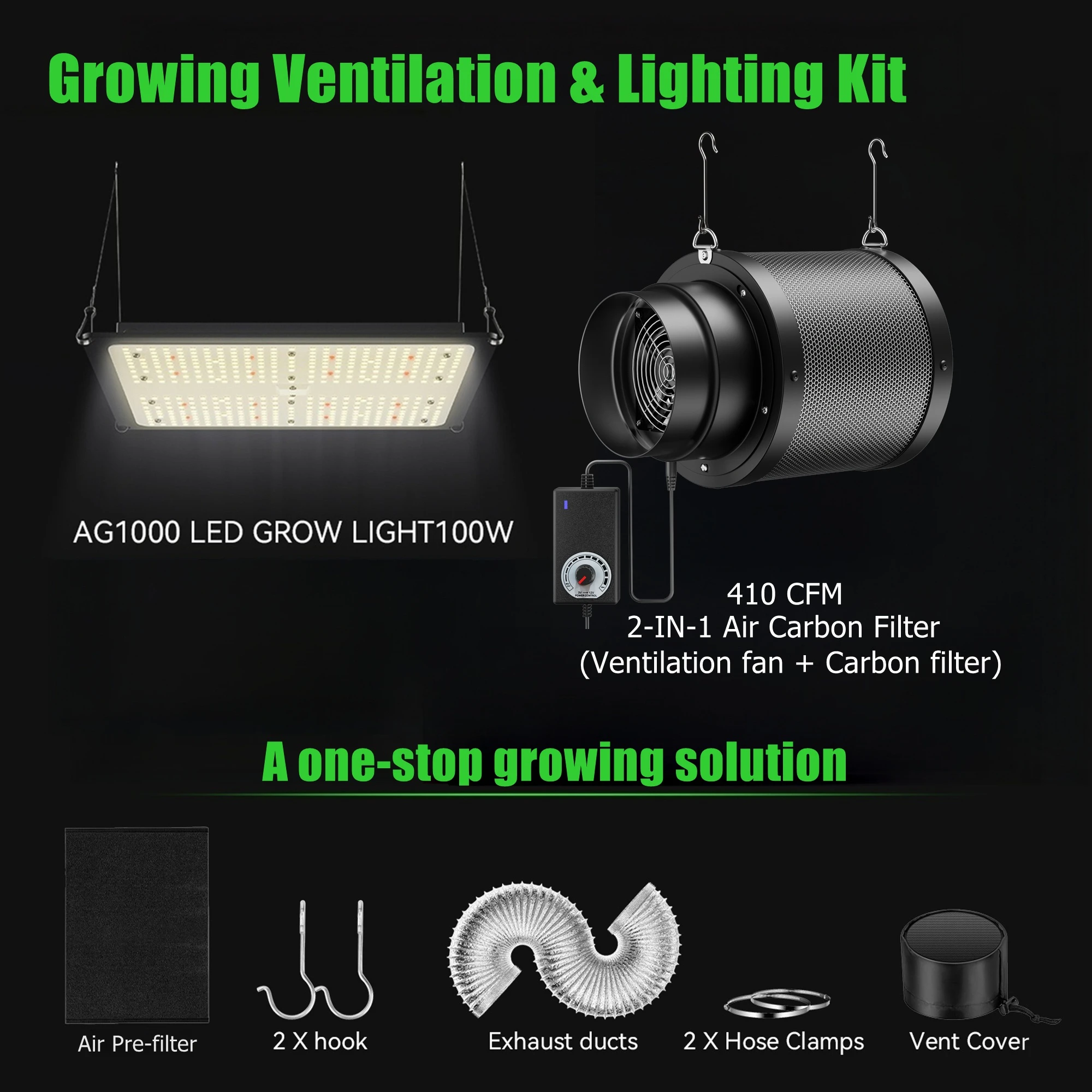 

6" Air Filtration Kit & Full Spectrum 100W LED Grow Light: Built-in Fan Air Carbon Filter，8 Ft Ducting Professional growing kit