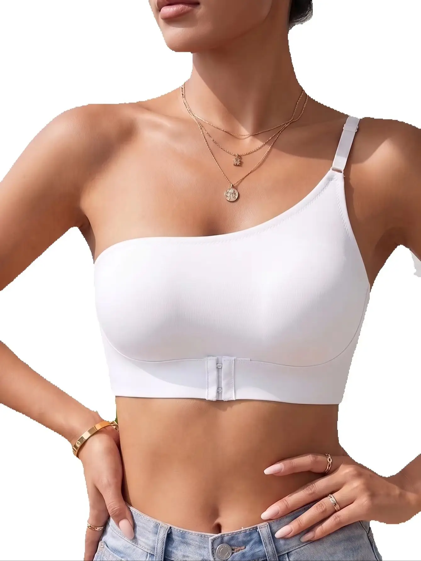 Women's One Shoulder Seamless Bra Front Closure Comfort No Lining Wireless Lingerie view 5