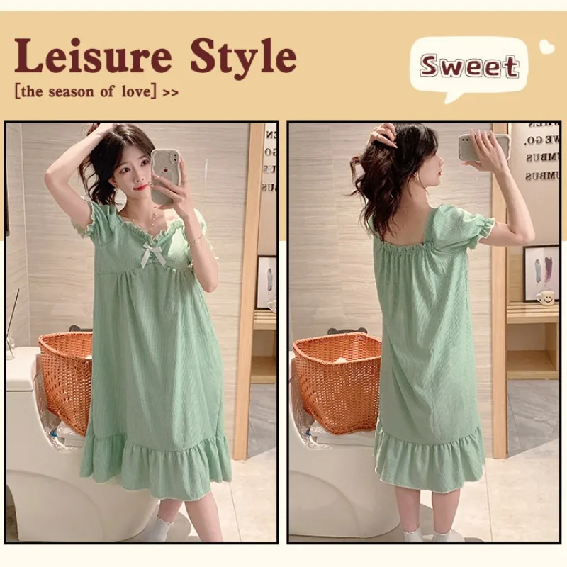 M-2XL Summer Print Sleep Dress Large Size Women's Bra Free Loose Home Clothes Girl Sle Korean Version Square Collar Nightgown