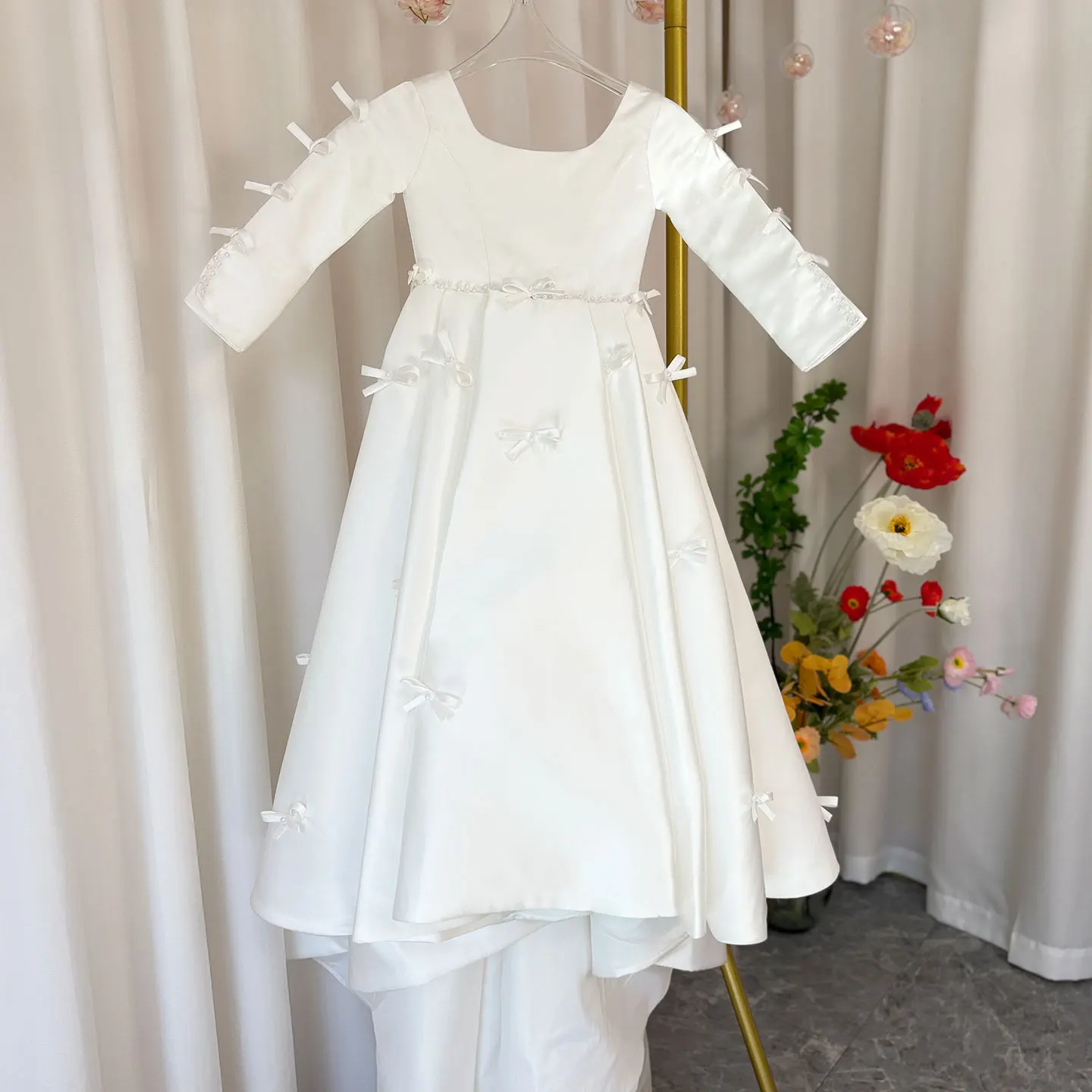 Jill Wish-vestidos de satén rosa de lujo para niña, vestidos de manga larga con cuello cuadrado para niños, vestido de fiesta de boda, cumpleaños y vacaciones 2024 J137