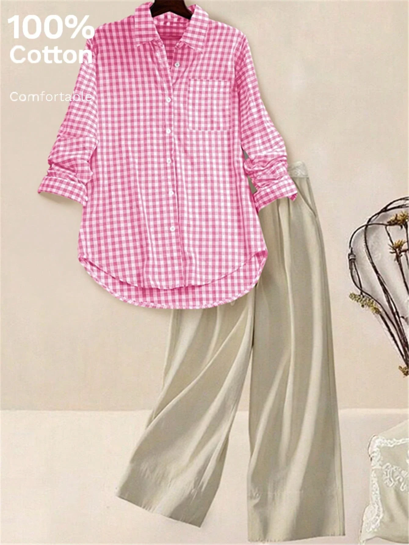 

Women's Long Sleeve Vintage Plaid Casual Shirt Spring Summer Pink
