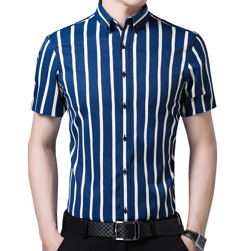 

Young new trend elastic vertical striped shirt men's business slim, non-ironing and wrinkle-resistant long short-sleeved shirt