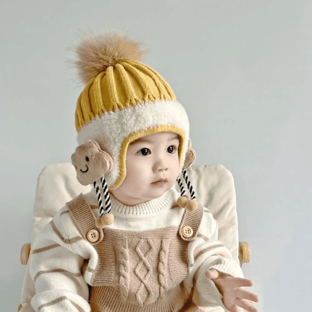 

New Warm Knitted Hat Coldproof Cute Bear Ear Protection Hat Windproof Pompom Beanie Hat Autumn and Winter