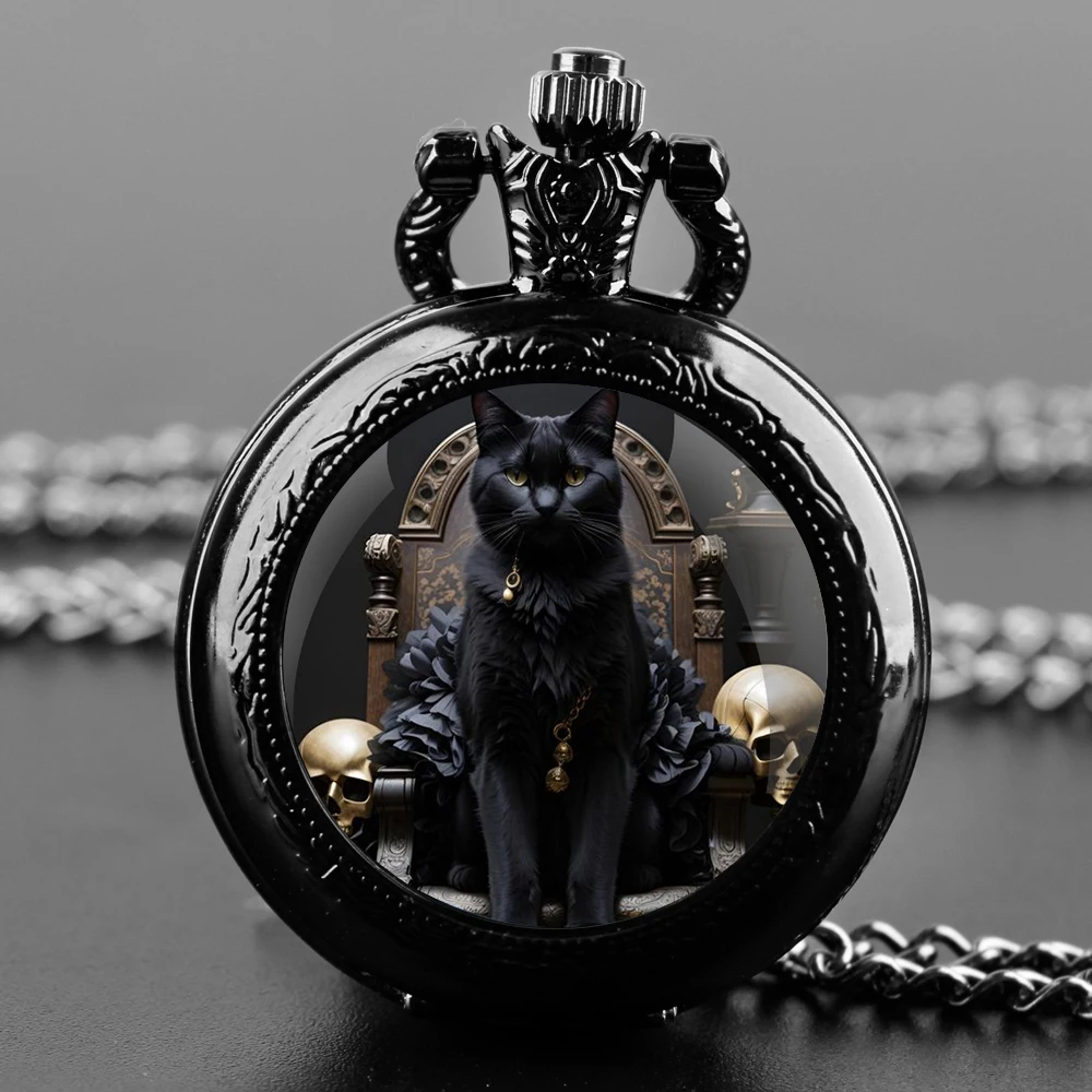 Delicate Gifts Quartz Pocket Watch Cat King Design Glass Dome Necklace Pendant Clock for Mens Womens