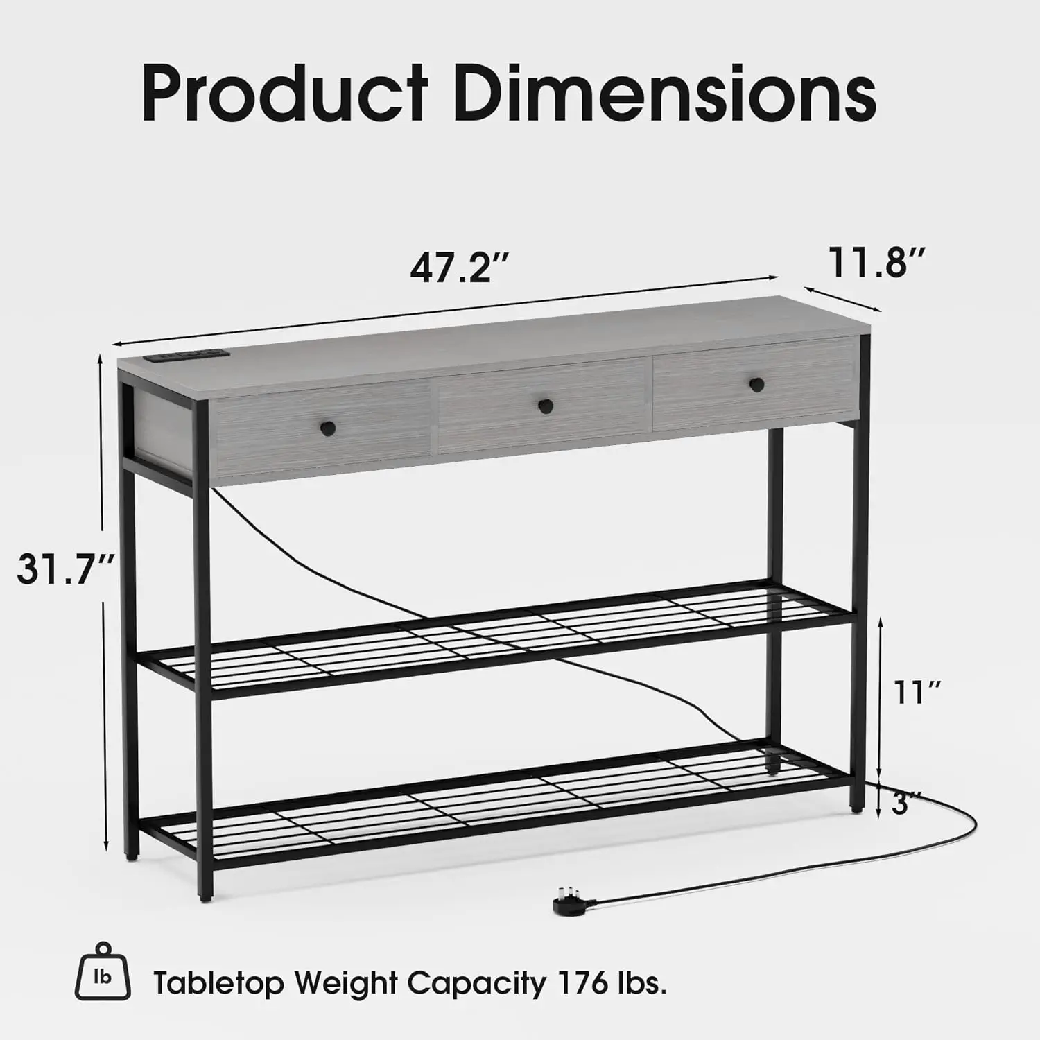 Mesa consola con enchufes y puertos USB, mesa de entrada de 47 "con 3 cajones y estantes de almacenamiento, mesa de sofá estrecha y larga