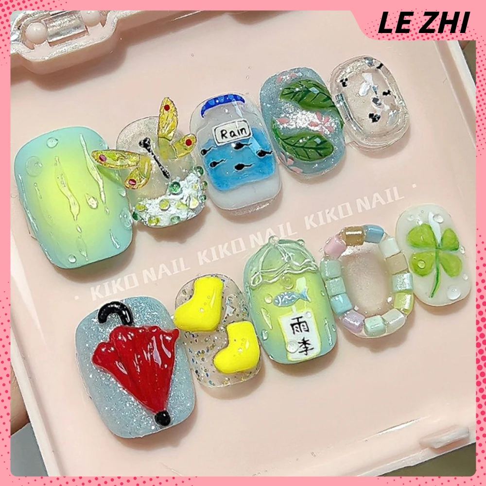 10Pcs Summer Cute Short Square Round Handmade Full Cover Nail Colorful Butterfly Flowers Diamond Pearl Wearable False Nails