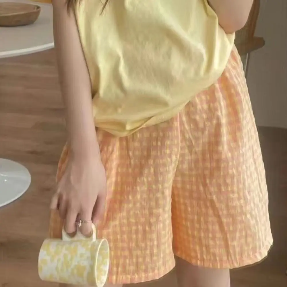 

Homewear Candy Color Women's Grid Shorts Loose High-waisted Short Pajamas Pants Summer Wide Leg Plaid Sleepwear Shorts Teenagers