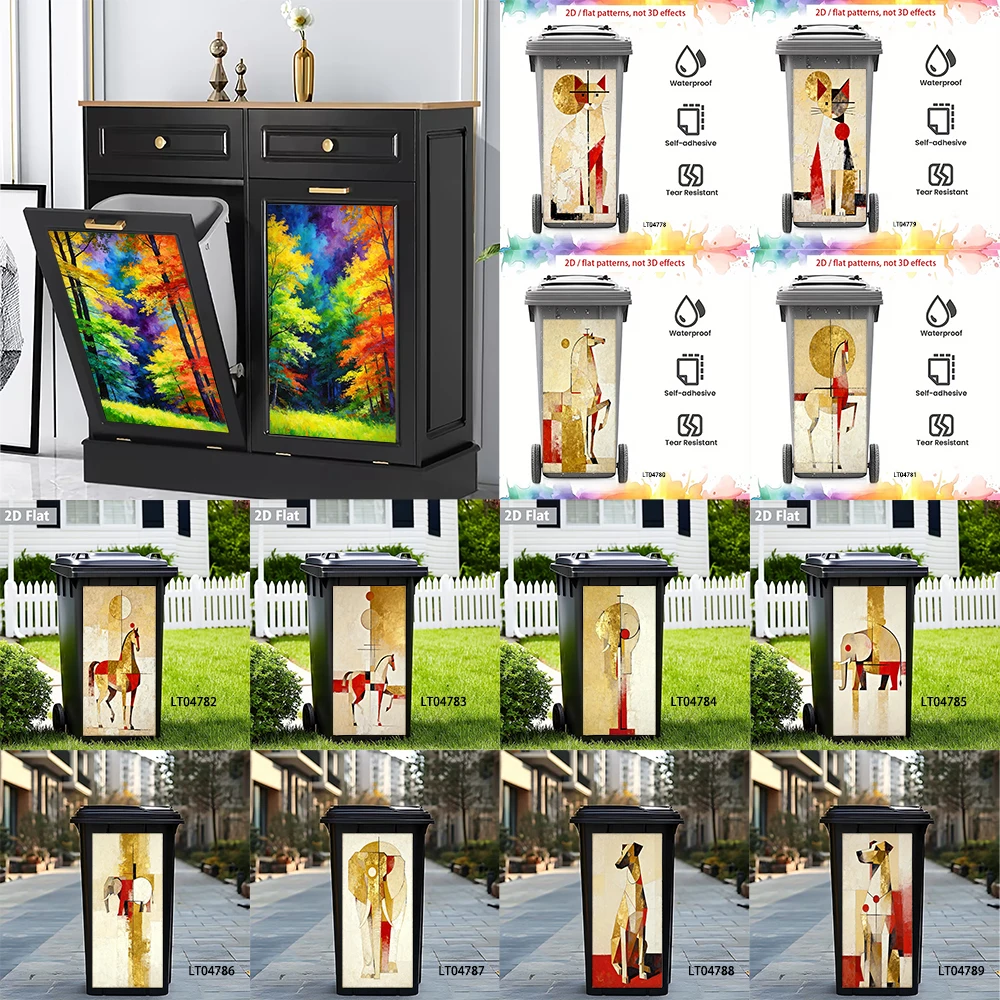 

Whimsical Village House Trash Can Sticker, Cute Forest Art Design Waterproof Removable Outdoor Garbage Bin Decor