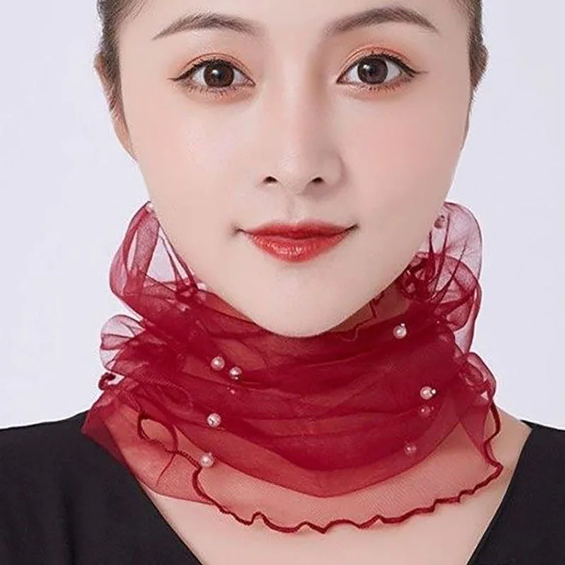 Ladies' Beaded Lace Scarf With Spring&Summer Mesh For Neck Protection And Sunshade, Fashionable, Lightweight, Breathable Scarf