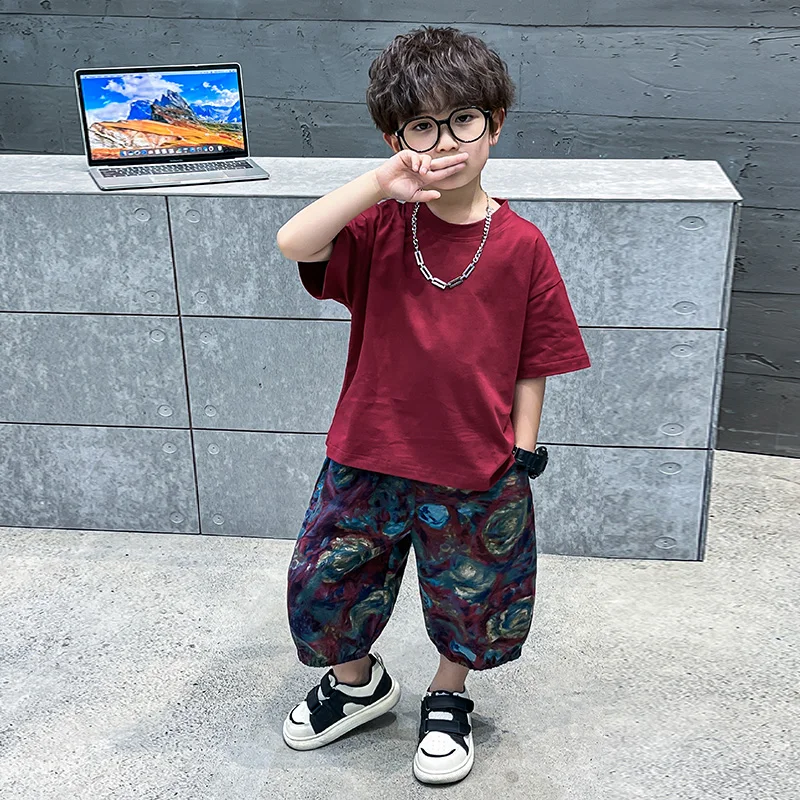 New Children's Set Summer Boys Casual Versatile T-shirt Short sleeved+Fashion Personalized Printed Loose Pants 2pcs Set Children