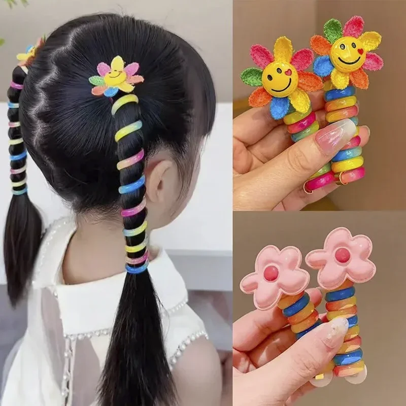 2Pcs Girls Elastic Rubber Bands Children Telephone Wire Hair Ties Spiral Coil Hairbands Hair Rope Ponytail Hair Accessories