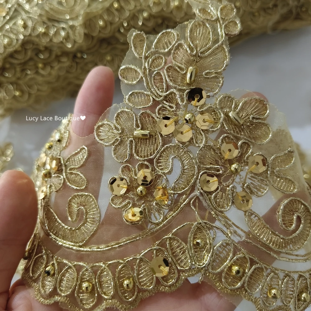 13CM Wide Uniform and Costume Gold Beading Lace Trim Embroidery Beaded Organza Trim Ribbon Lace 5 Yards,1 Yard