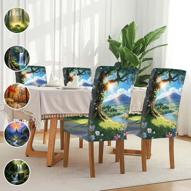 High-elastic printed dining chair cover, tropical jungle scenery pattern, suitable for household dining tables and chairs