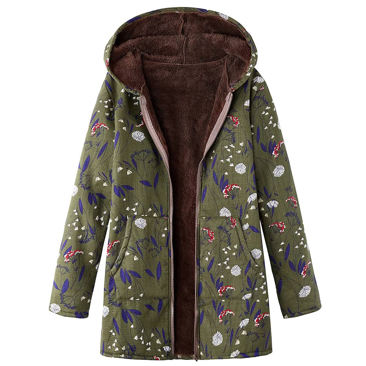 

Autumn Winter New Womens Warm Outwear Floral Print Cardigan Hooded Pockets Vintage Oversize Jacket Coats Women Clothing