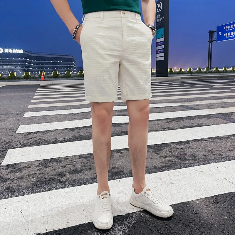 Summer Soid Color Casual Shorts Men Fashion Waffle Business Suit Shorts Office Social Streetwear Short Pants Men Clothing 2023