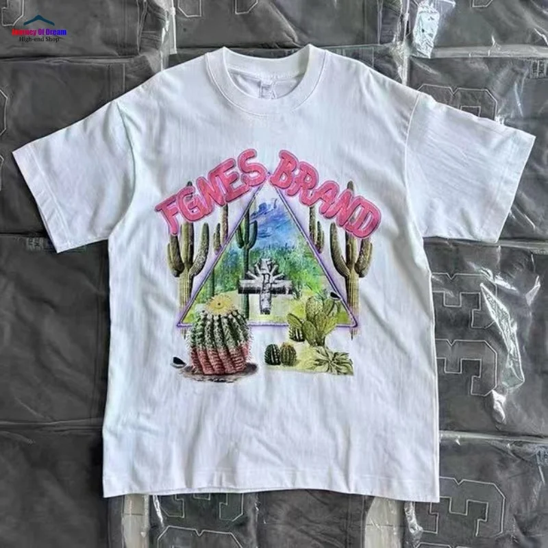 

25SS High Quality Original Tropical Cactus Print High Street White Black Loose Hip Hop Men's Women's TEE