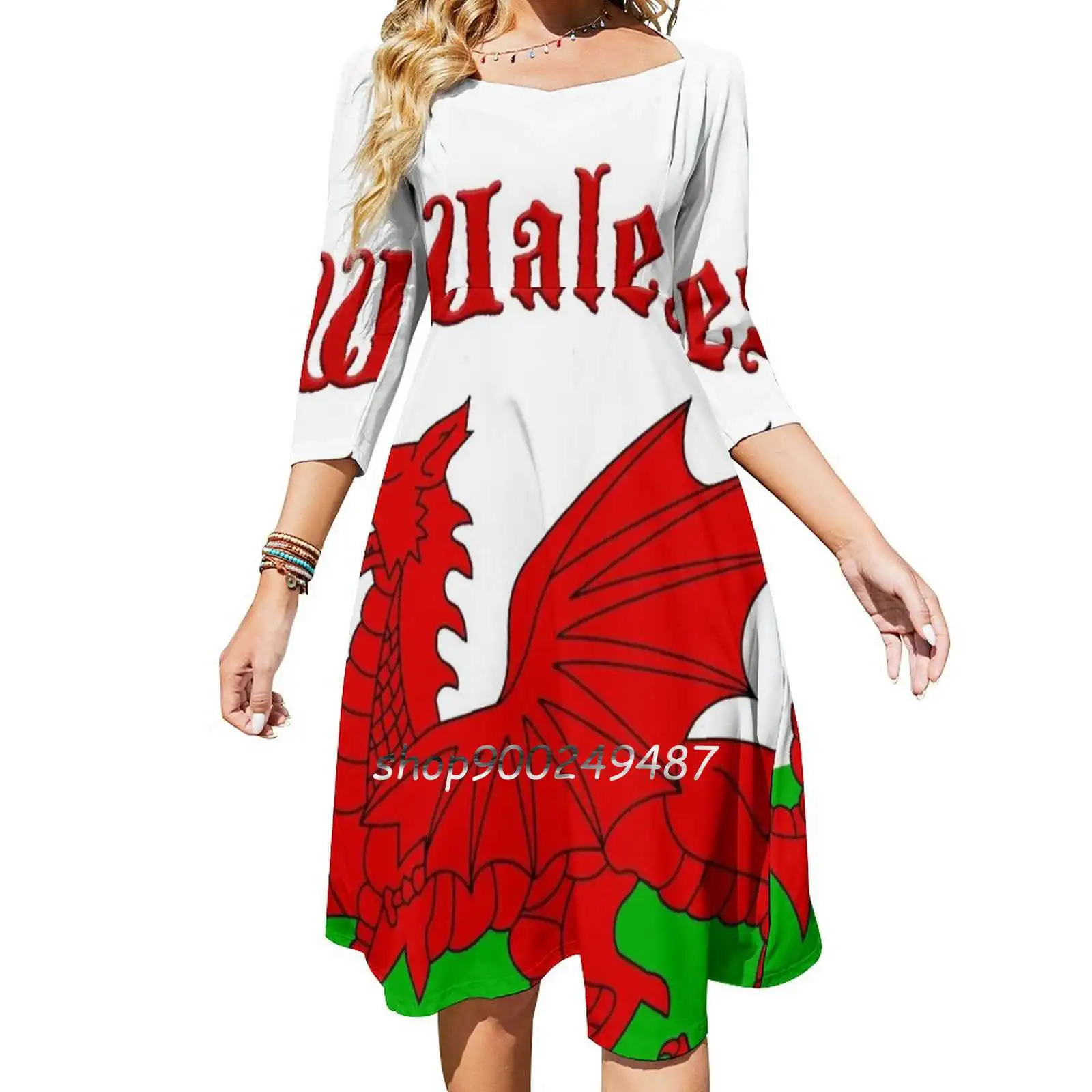 Wales Flag-Cymru Baner-High Quality Image Sweet Elegant Dress Women Korean Kawaii Square Collar Dress Wales Welsh Cymru Flag