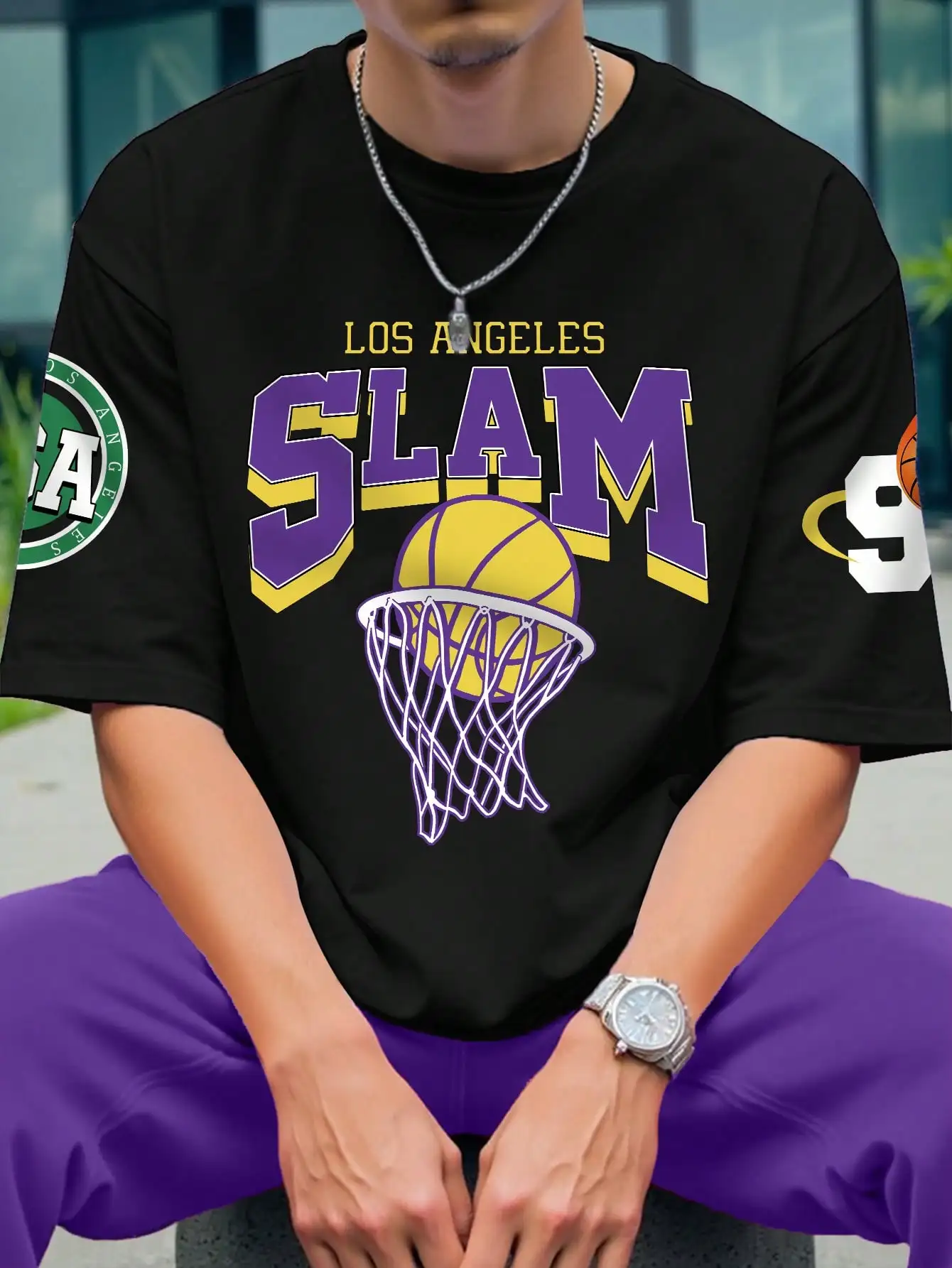 

Мужская повседневная футболка с буквенным принтом и круглым вырезом в стиле баскетбольного трикотажа с короткими рукавами"